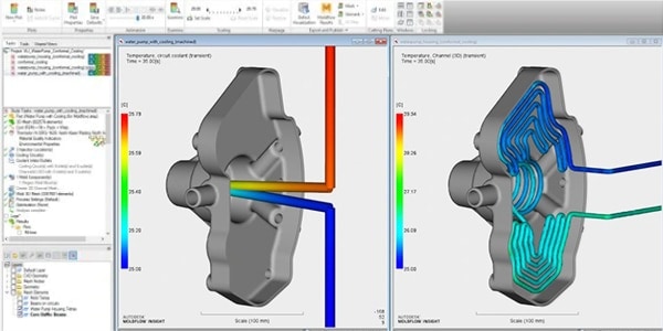 Image of simulation Moldflow comparing traditional and conformal cooling