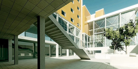 Exterior concrete staircase leading to courtyard in an office complex  