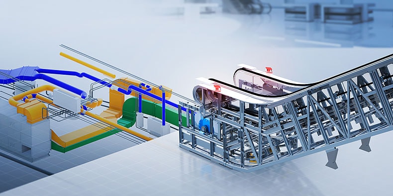 A industrial conveyor belt model with integrated vents and pipes.