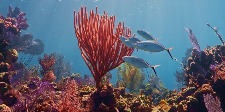 Fish swimming by a coral reef.