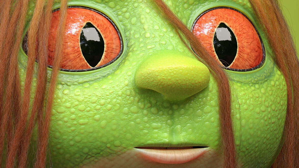 Closeup of frog character with human hair