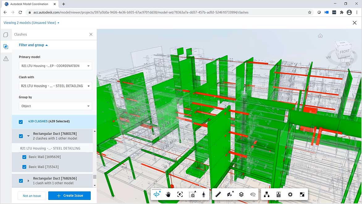 Building design open in Autodesk Revit showing filter and group options