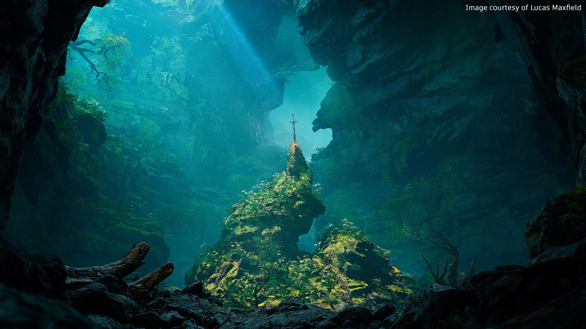 Sword planted onto rock formation in deep sea