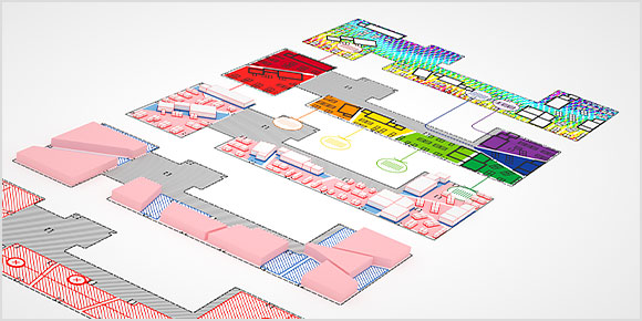 Various rendered floor plans including different functionalities within each one