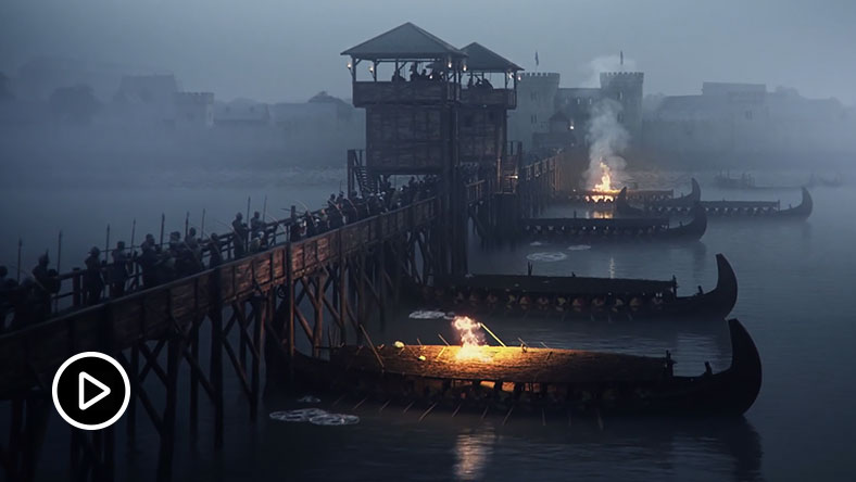 VFX featuring 18th century boats crashing into bridge tower