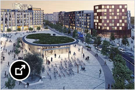 Visualization of a city square with an entrance to underground public transport in the center