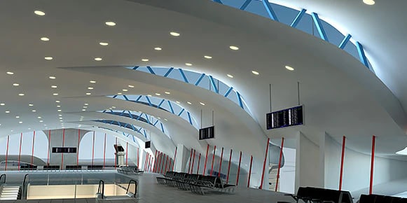 Large, white, modern transportation terminal without people  