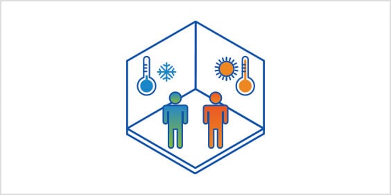 Diagram of two people in a room with indoor and outdoor room temperature control.