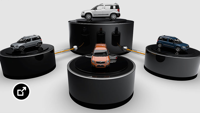 3D models of four Škoda Auto SUVs each sitting atop raised platforms