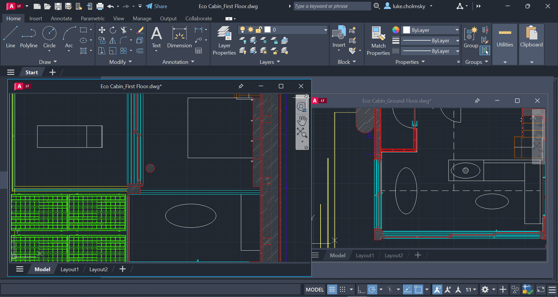 View of floating windows with side-by-side projects in AutoCAD LT