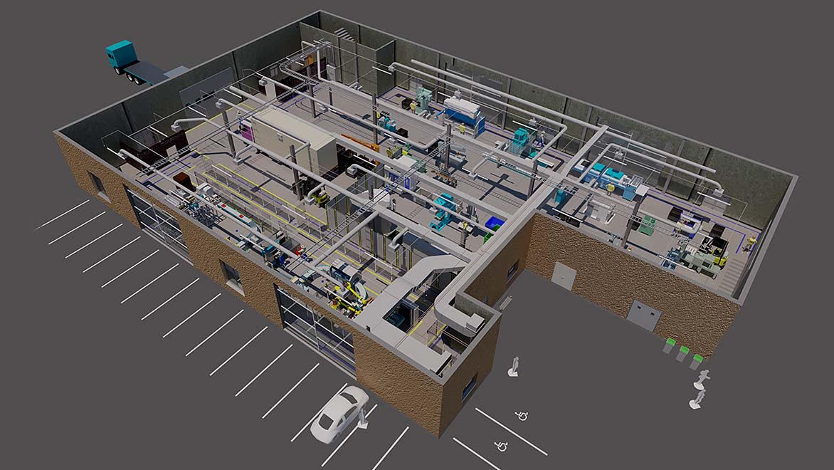 3D factory model containing the building, equipment layout, and HVAC