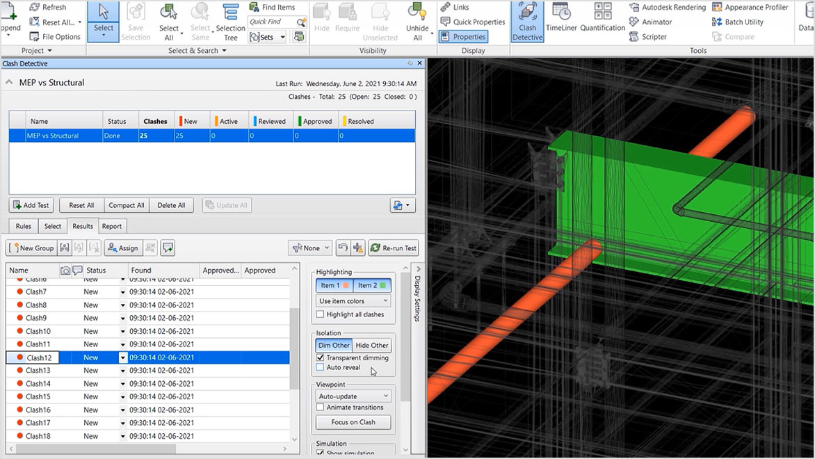 MEP vs. structural clash detection in Navisworks Manage