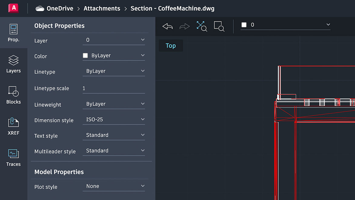 Coffee machine drawing open on AutoCAD web app  